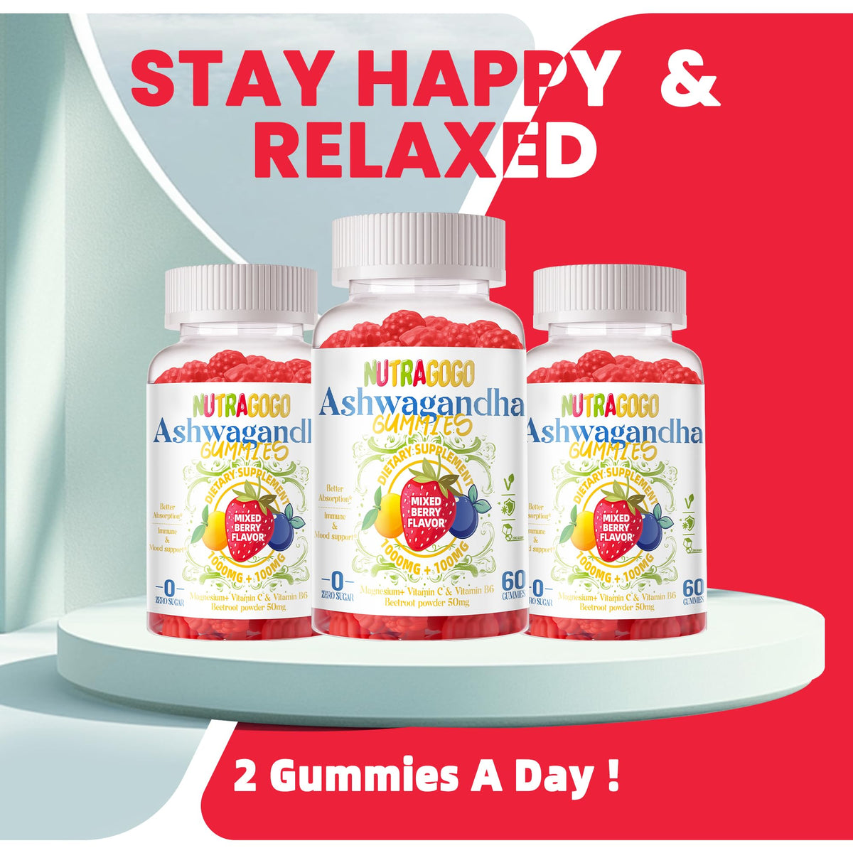 Gummies Ashwagandha NUTRAGOGO avec étiquette nutritionnelle