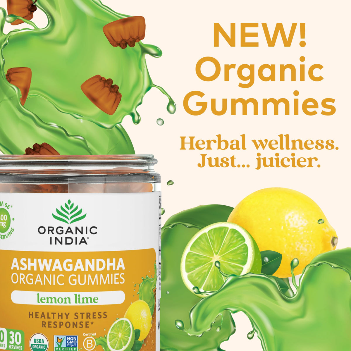 Gummies Ashwagandha ORGANIC INDIA au goût citron vert, vue de face