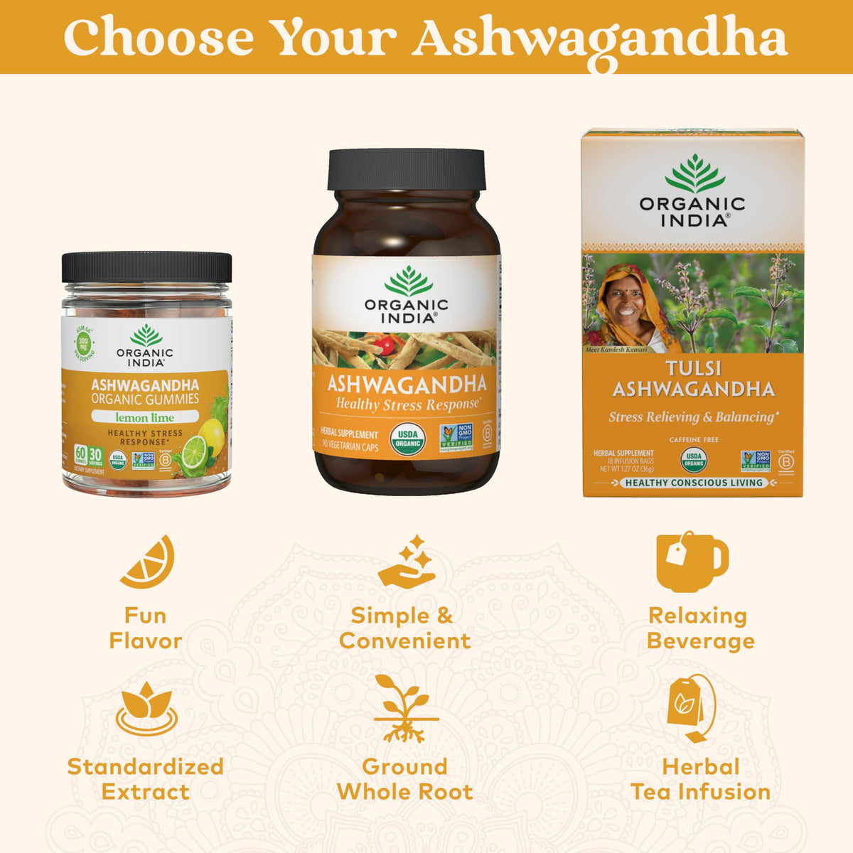 Gummies Ashwagandha ORGANIC INDIA, présentation sur une table