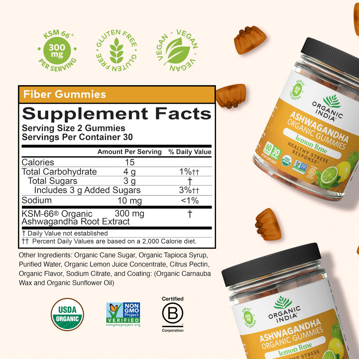Gummies Ashwagandha ORGANIC INDIA, vue de l'arrière du pot