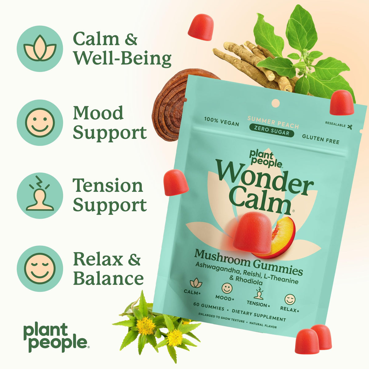 Gummies Ashwagandha Plant People avec des ingrédients naturels en arrière-plan