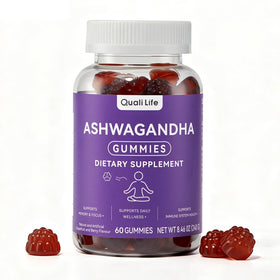 Gummies Ashwagandha QualiLife 60 unités, emballage avant avec pamplemousse