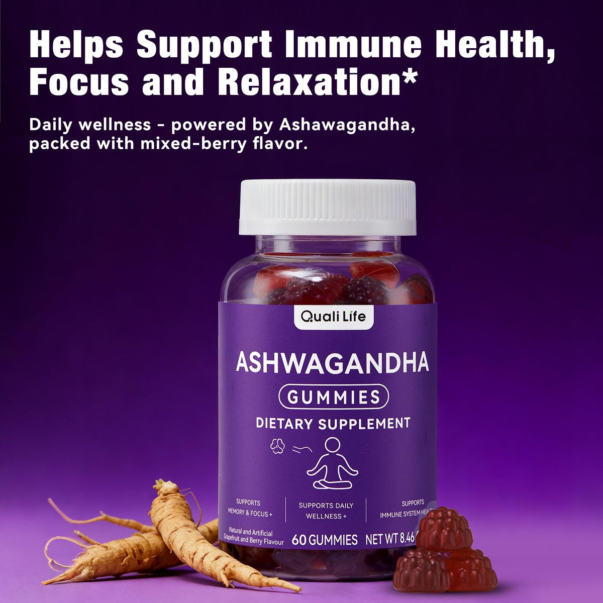 Gummies Ashwagandha QualiLife, vue de côté montrant la texture des gummies
