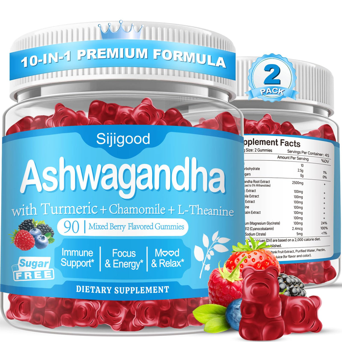 Gummies Ashwagandha Sijigood 180 pièces, saveur fruits rouges, vue de face