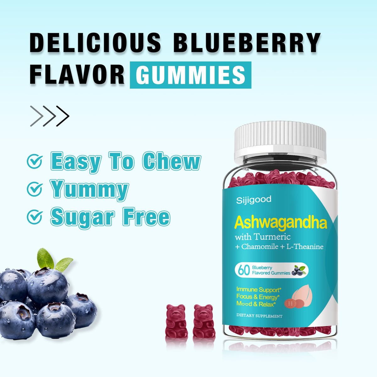Gummies Ashwagandha Sijigood sur un fond blanc