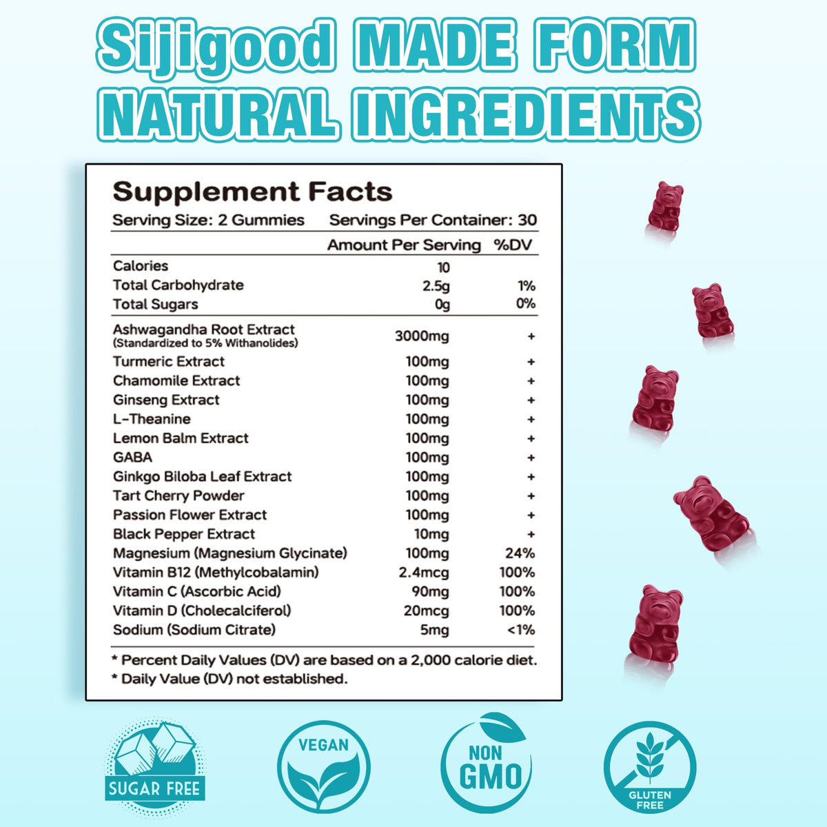 Gummies Ashwagandha Sijigood vue de face avec étiquette