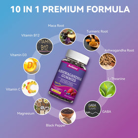 Gummies Ashwagandha SmildeHeal avec ingrédients naturels en arrière-plan