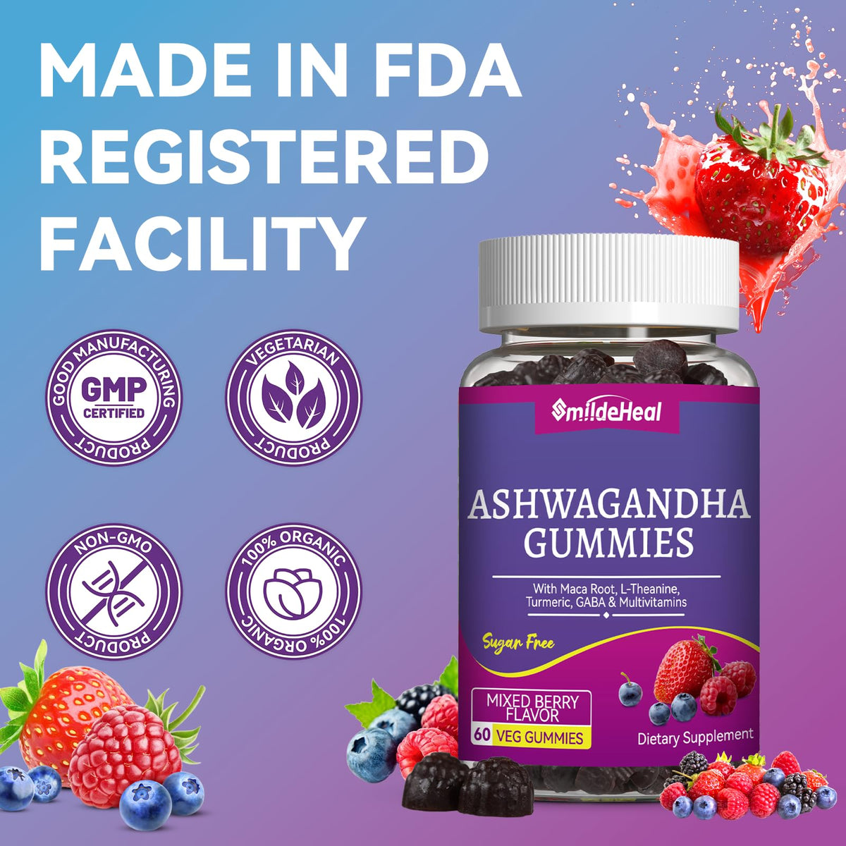Gummies Ashwagandha SmildeHeal sur une table avec fruits
