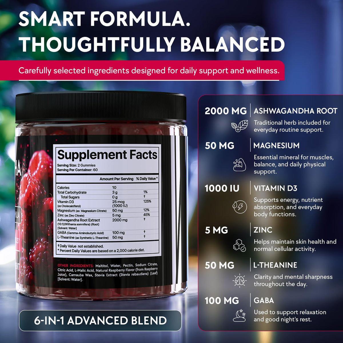 Gummies Ashwagandha sur une table avec des fruits