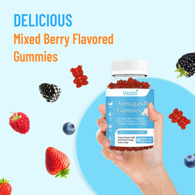 Gummies Ashwagandha Vazatisi avec fruits frais en arrière-plan