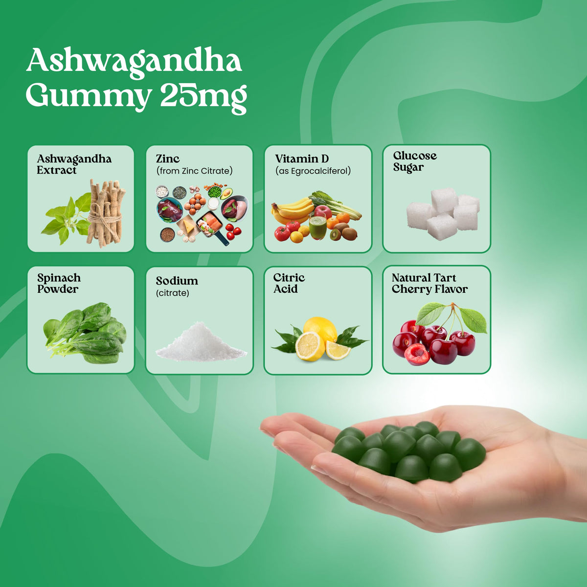 Gummies Ashwagandha VITA GLOBE sur une table avec des ingrédients