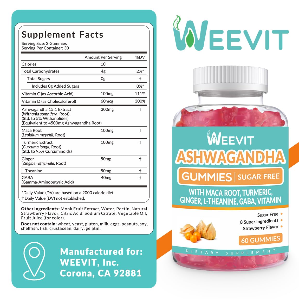Gummies Ashwagandha WEEVIT montrant les ingrédients principaux
