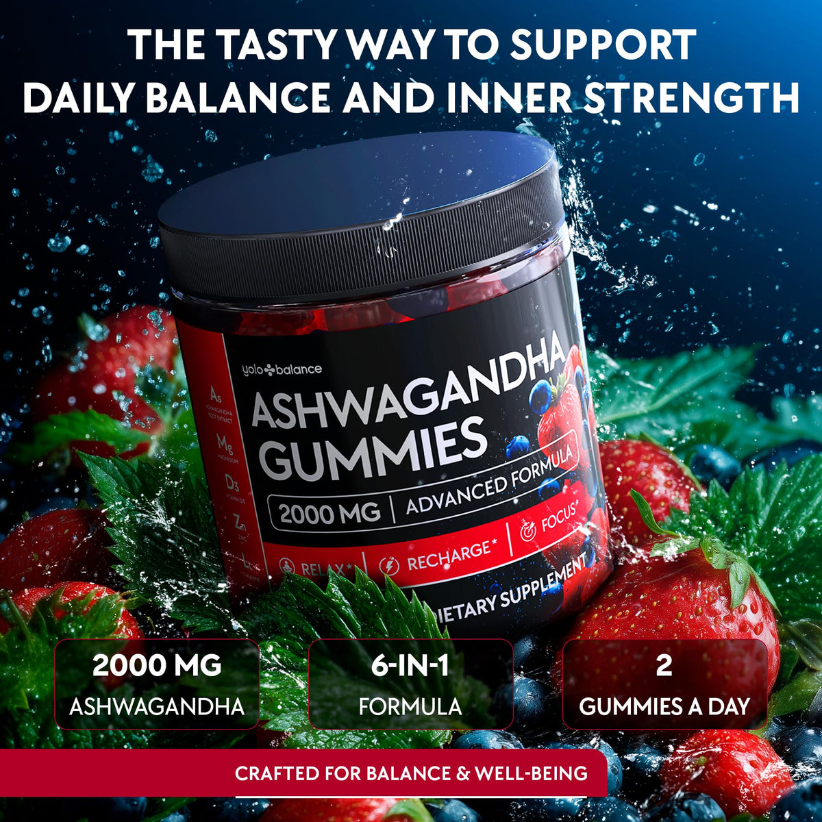 Gummies Ashwagandha YOLOBALANCE avec ingrédients visibles