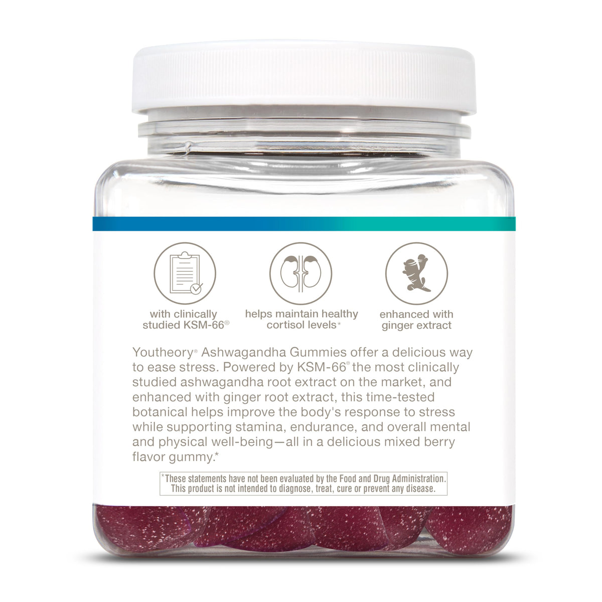 Gummies Ashwagandha Youtheory, avec ingrédients en arrière-plan