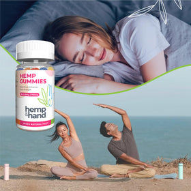 Gummies au Chanvre 750mg Hemp & Hand avec une main tenant plusieurs gummies