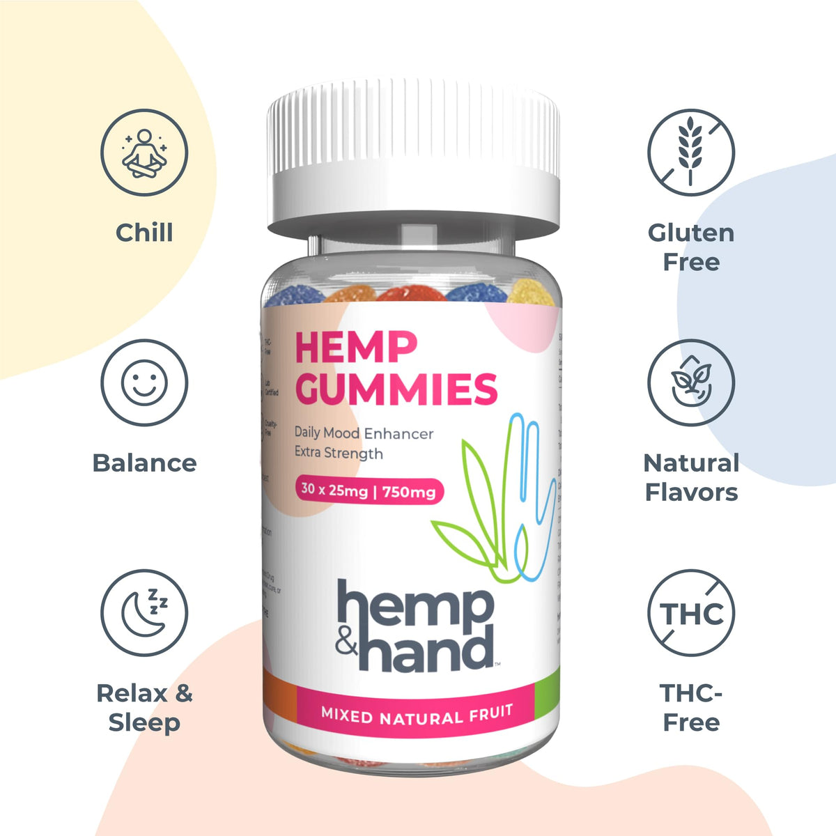 Gummies au Chanvre 750mg Hemp & Hand texture et couleurs variées