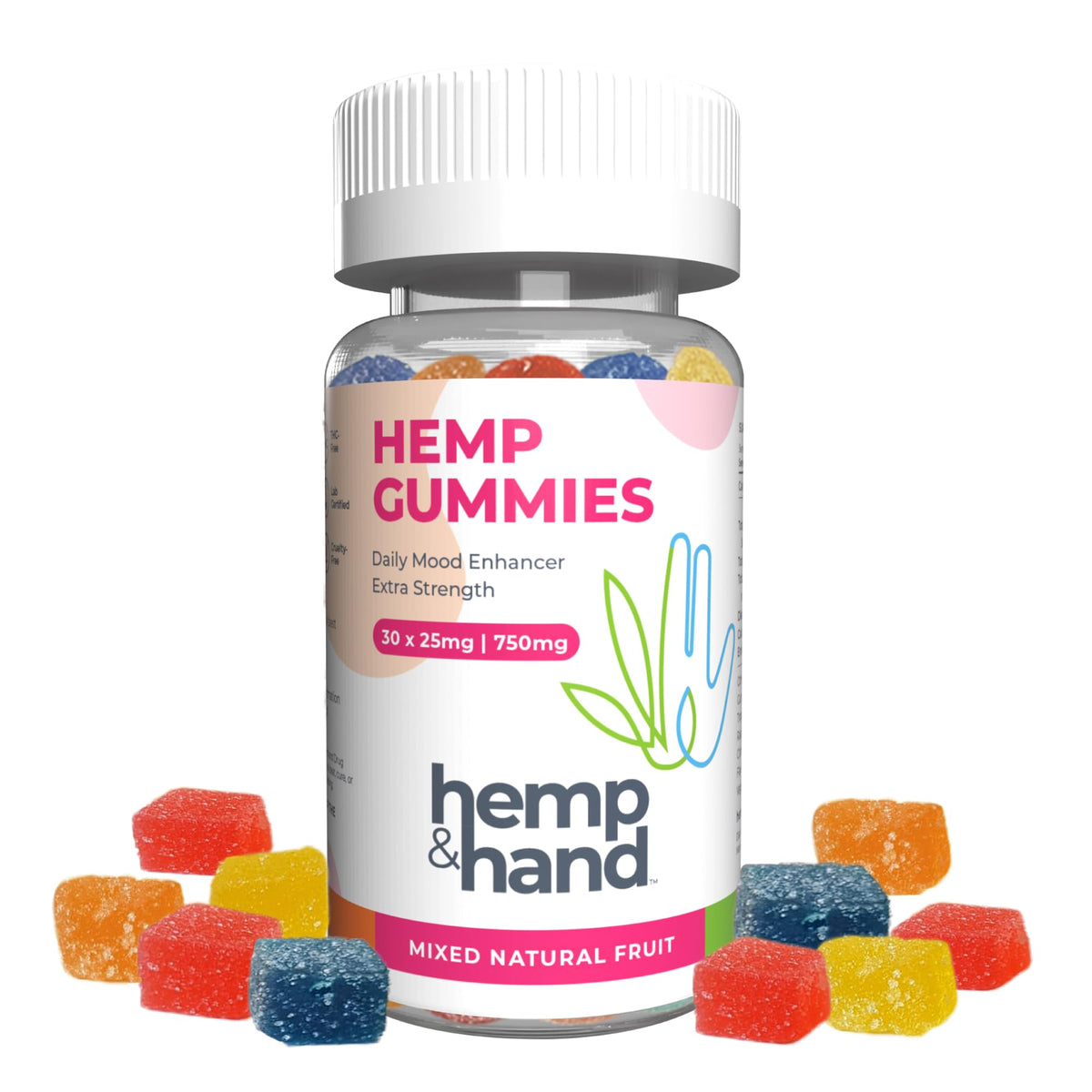Gummies au Chanvre 750mg Hemp & Hand vue de face avec emballage coloré