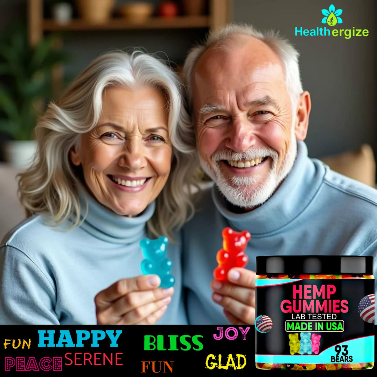 Gummies au chanvre Healthergize, bonbons colorés sur fond blanc