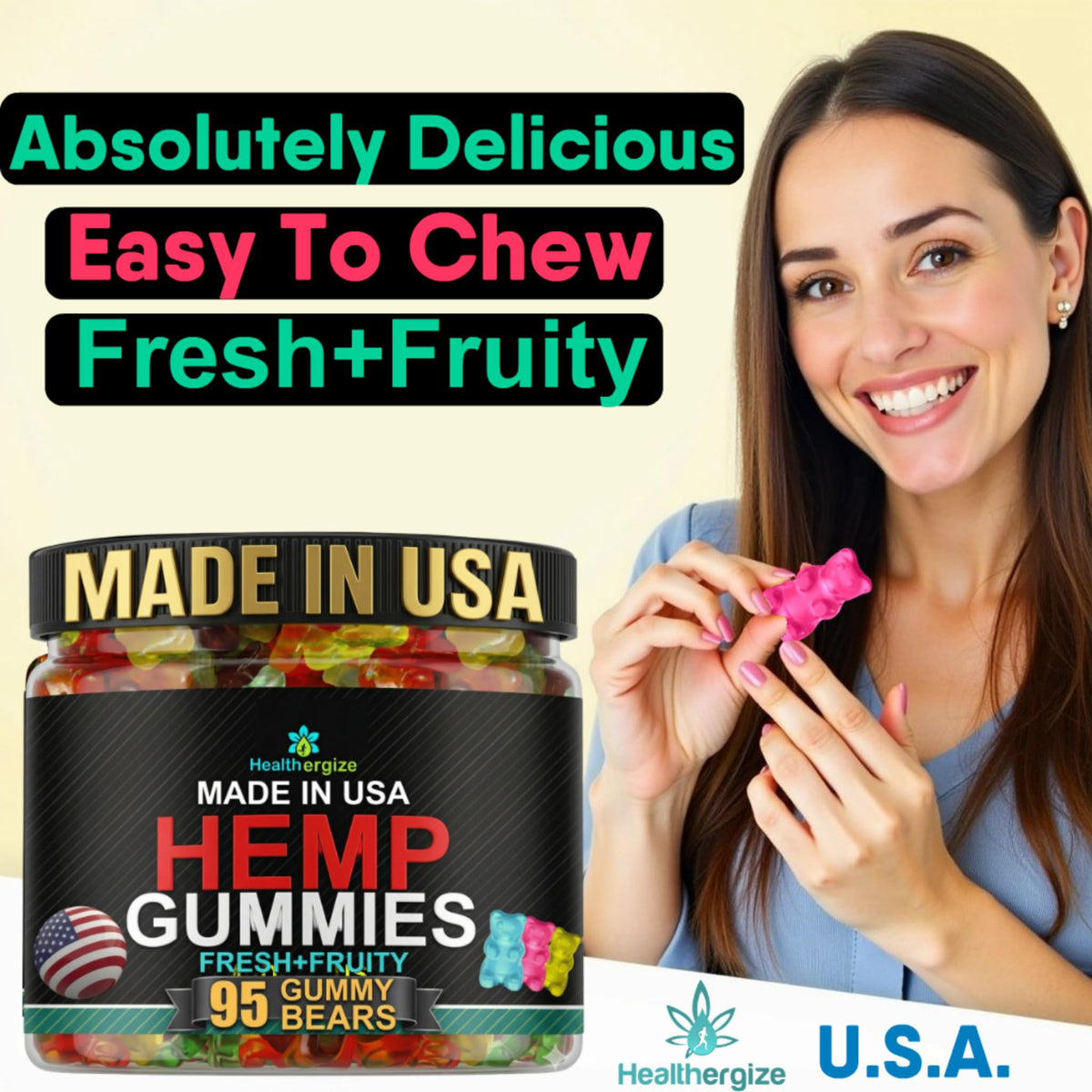 Gummies au chanvre Healthergize dans une main, texture douce