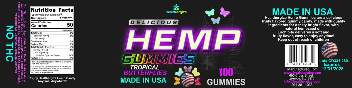 Gummies au Chanvre Healthergize échantillon sur fond naturel