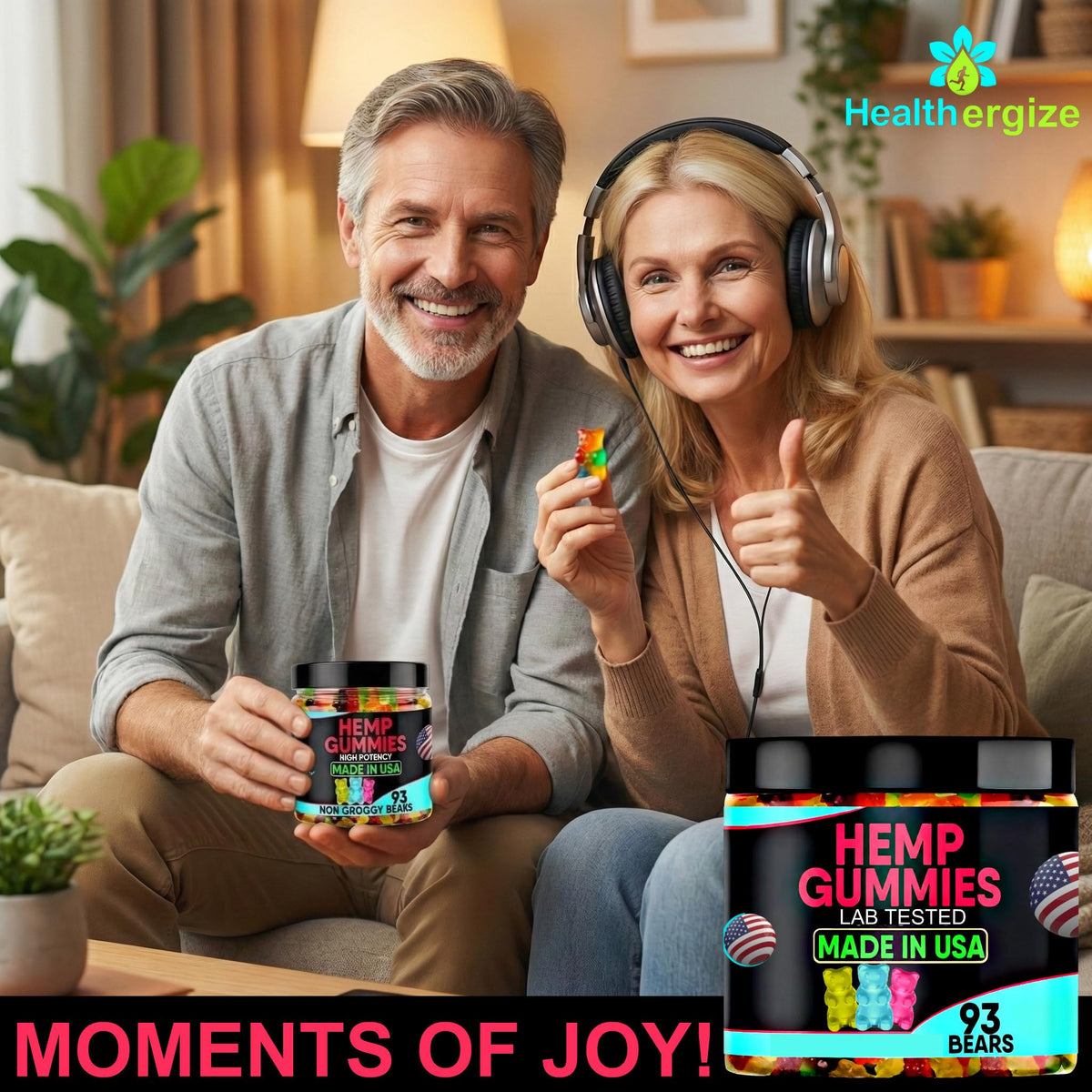 Gummies au chanvre Healthergize, pot ouvert avec bonbons visibles