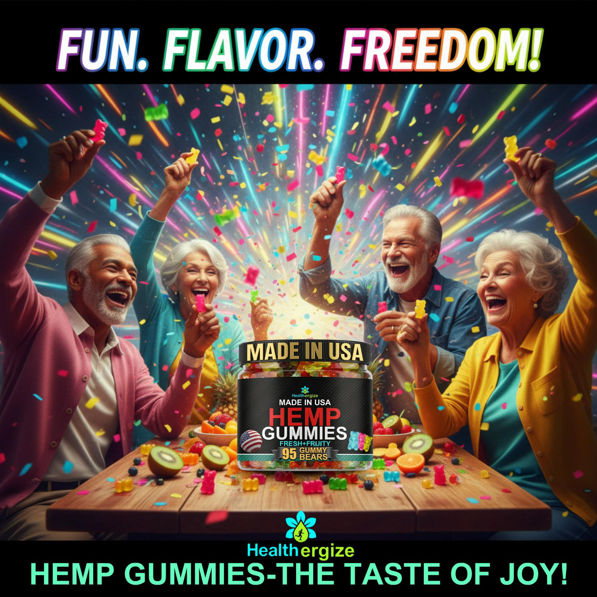 Gummies au chanvre Healthergize, présentation colorée avec logo
