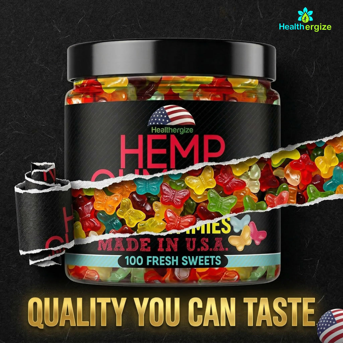 Gummies au chanvre Healthergize, présentation sur une assiette