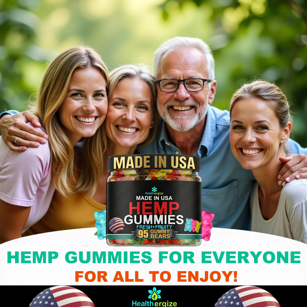 Gummies au chanvre Healthergize sur une table en bois, ambiance tranquille