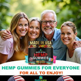 Gummies au chanvre Healthergize sur une table en bois, ambiance tranquille