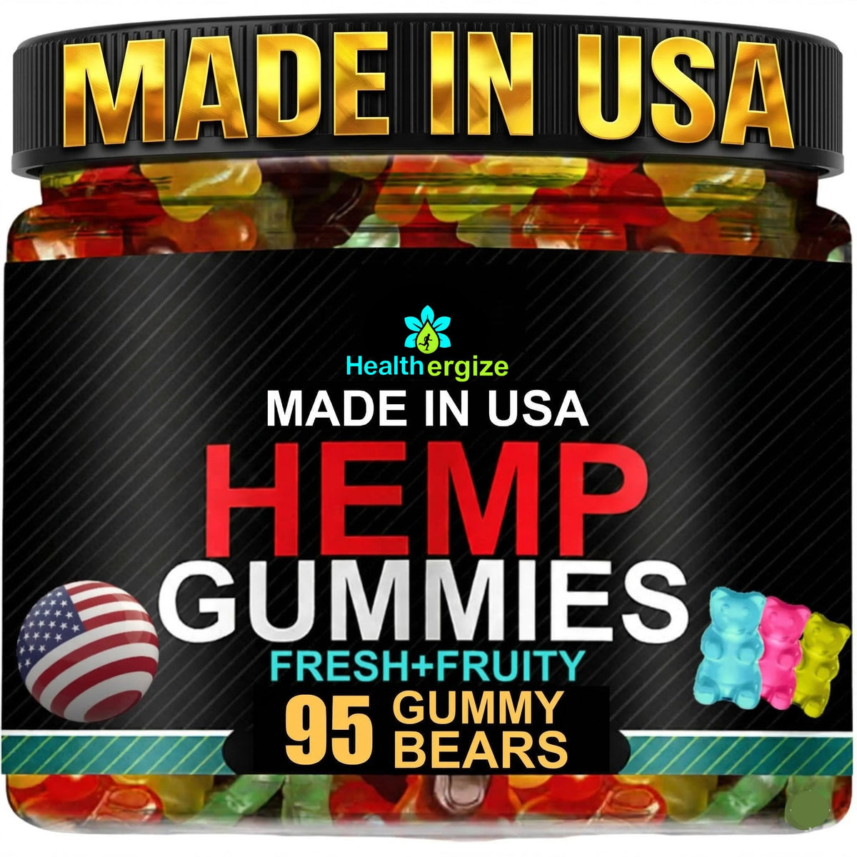 Gummies au chanvre Healthergize vue de face, boîte de 95 oursons fruités