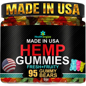 Gummies au chanvre Healthergize vue de face, boîte de 95 oursons fruités