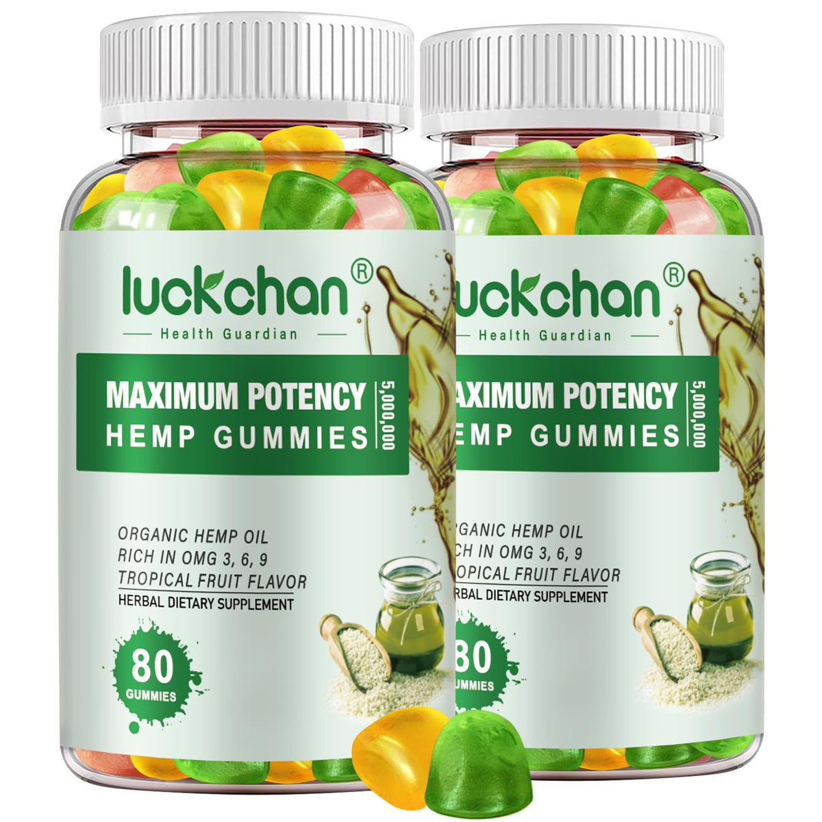 Gummies au chanvre LUCKCHAN en bouteille, saveurs fruitées