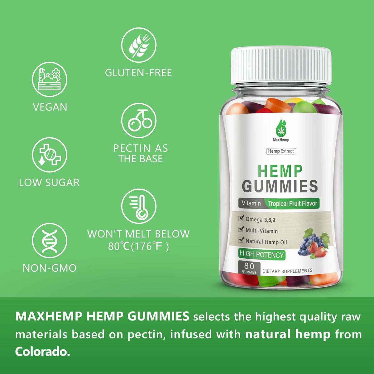 Gummies au chanvre MaxHemp avec ingrédients naturels en arrière-plan