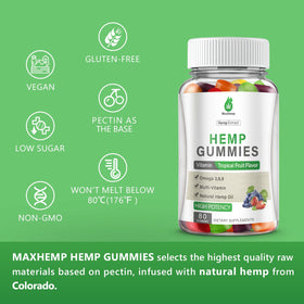 Gummies au chanvre MaxHemp avec ingrédients naturels en arrière-plan