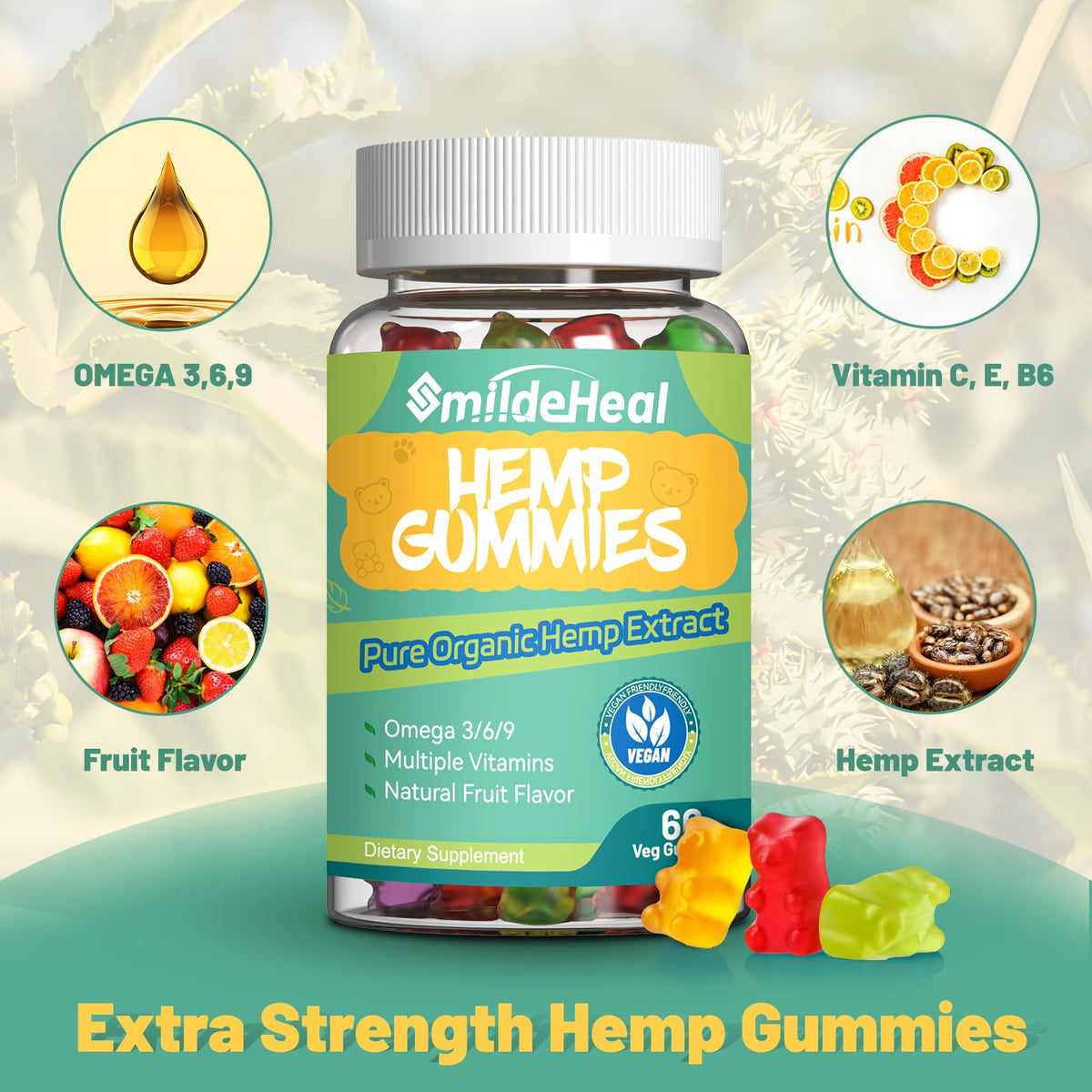 Gummies au chanvre SmildeHeal avec ingrédients naturels en arrière-plan