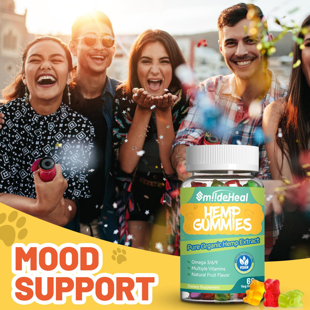 Gummies au chanvre SmildeHeal avec une cuillère en bois