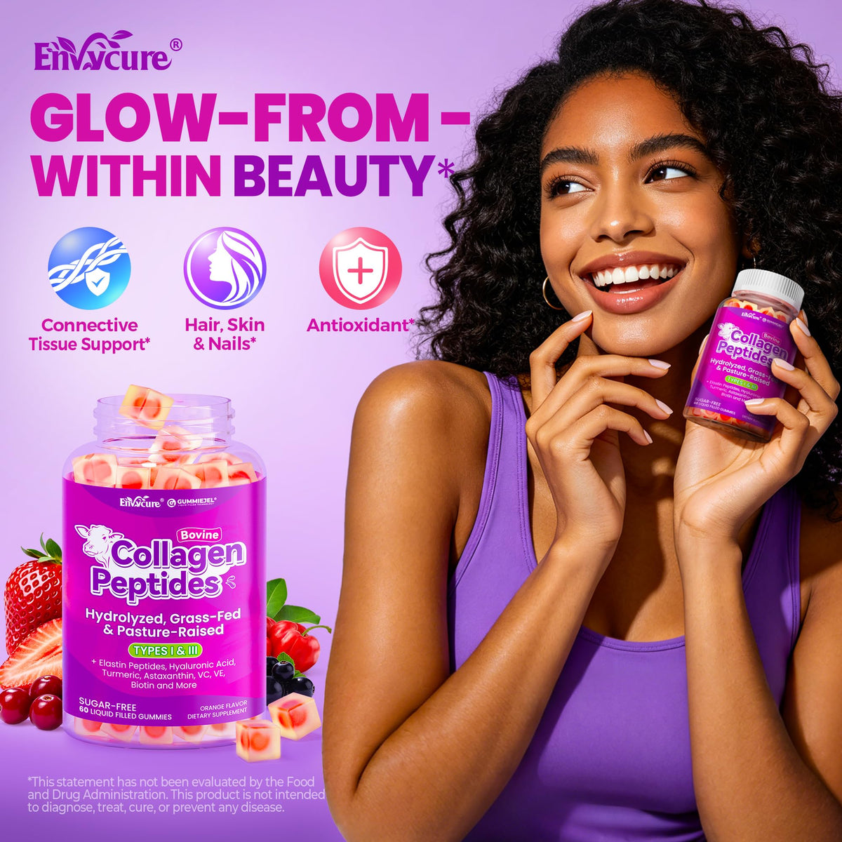 Gummies au collagène EnvyCure, mise en scène avec des fruits