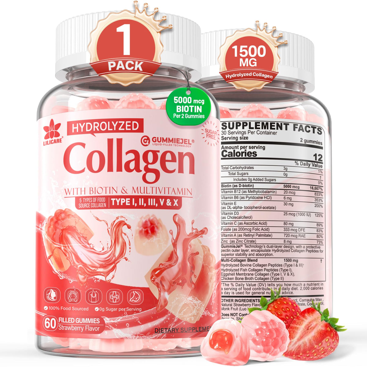 Gummies au collagène LILICARE 1500mg 60 pièces vue de face