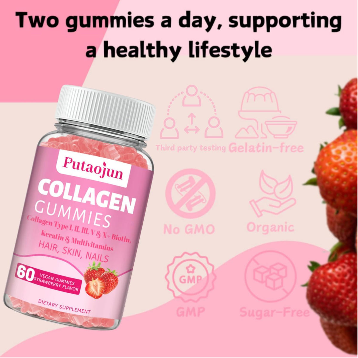 Gummies au collagène Putaojun avec des fruits frais à côté