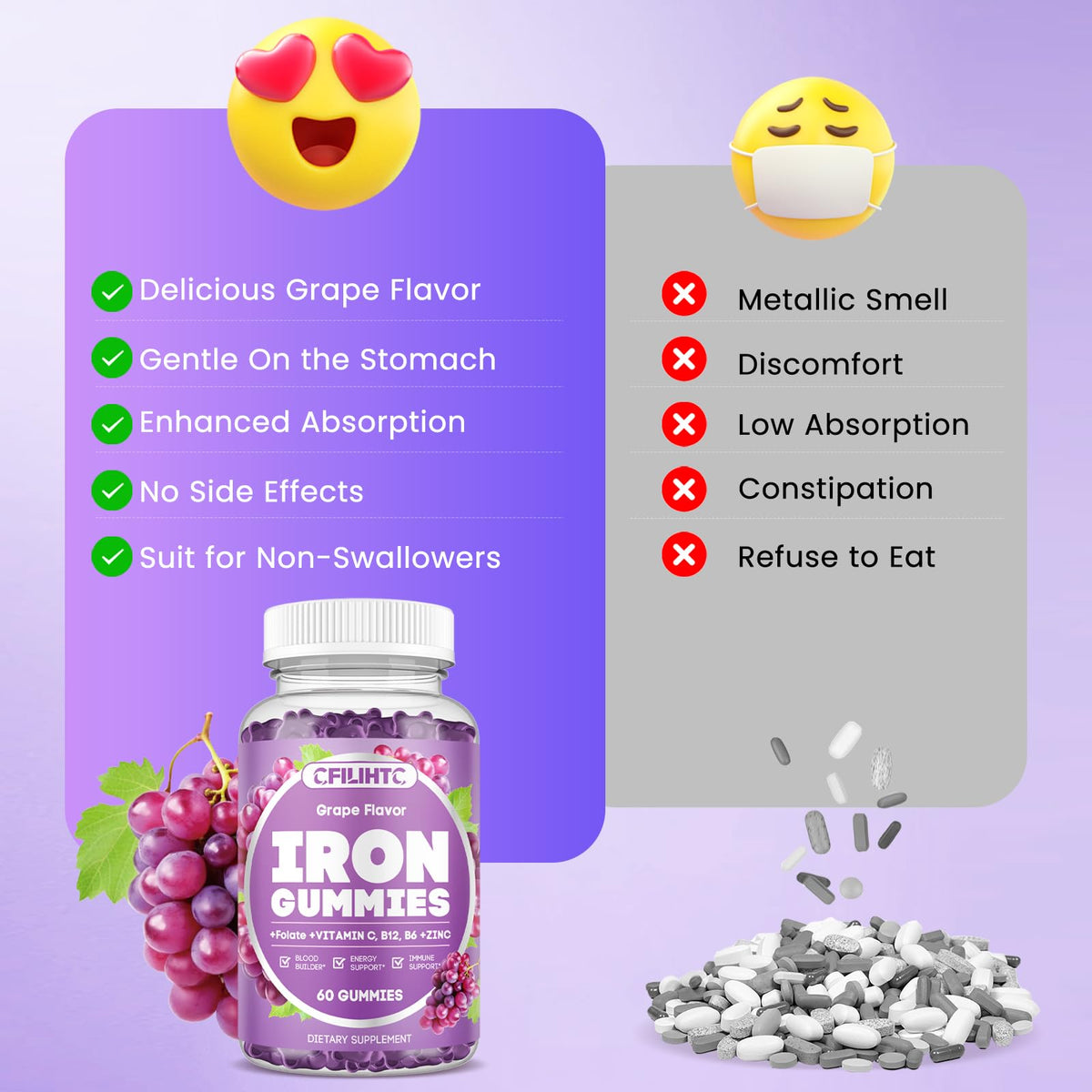Gummies au fer CFILIHTC avec une main tenant un gummy