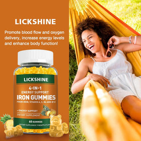 Gummies au fer lickshine avec des fruits en arrière-plan