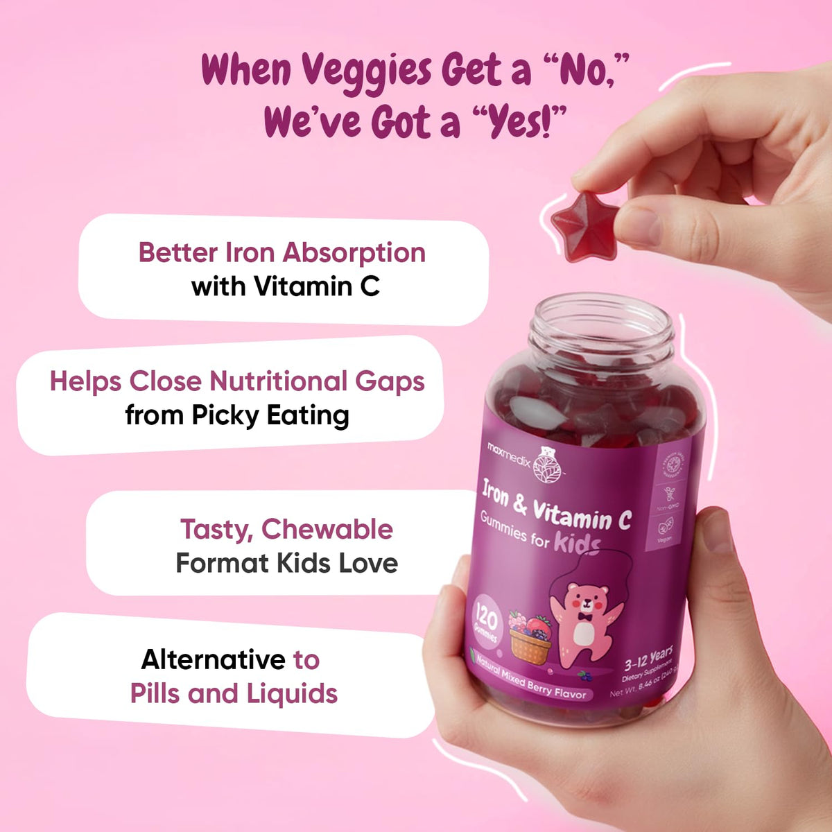 Gummies au fer maxmedix pour enfants, avec un enfant souriant