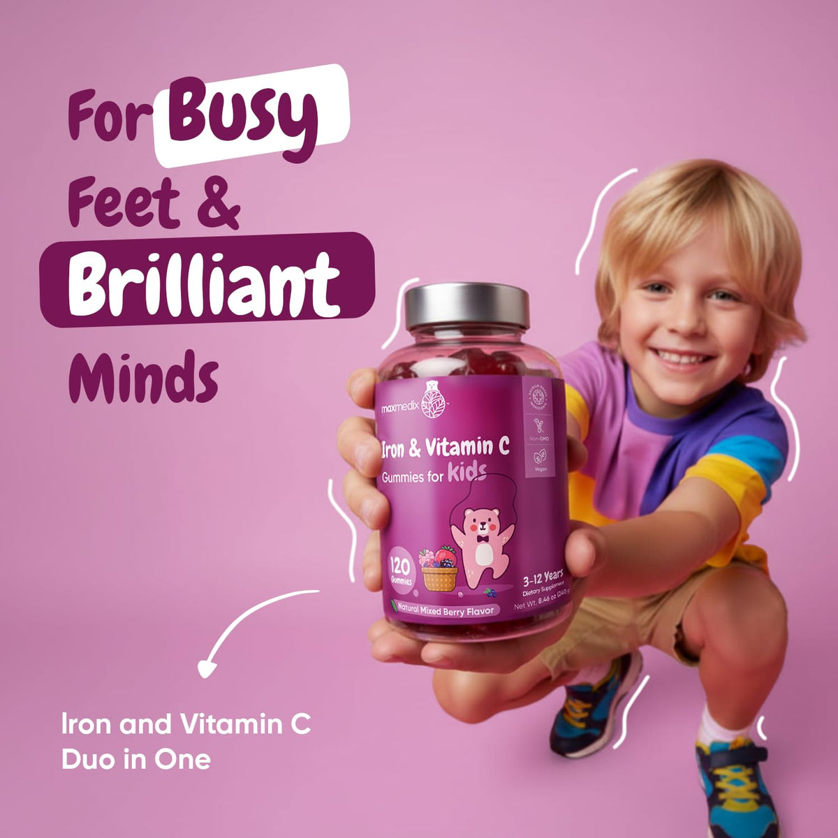 Gummies au fer maxmedix pour enfants, présentation des gummies dans la main