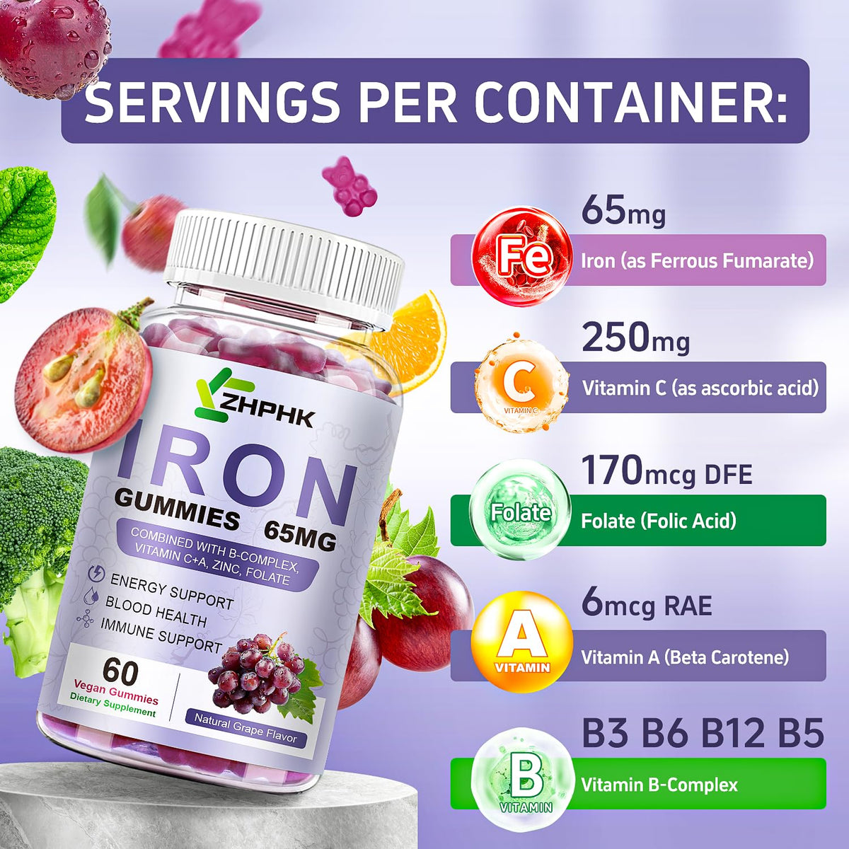 Gummies au fer ZHPHK avec flacon ouvert