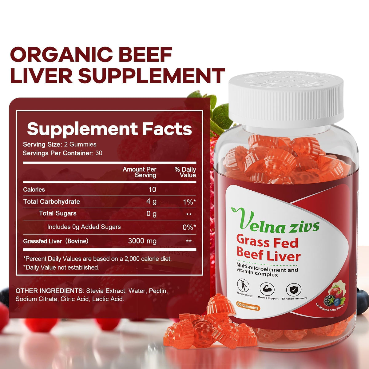 Gummies au foie de boeuf Velna zivs montrant la texture et la couleur