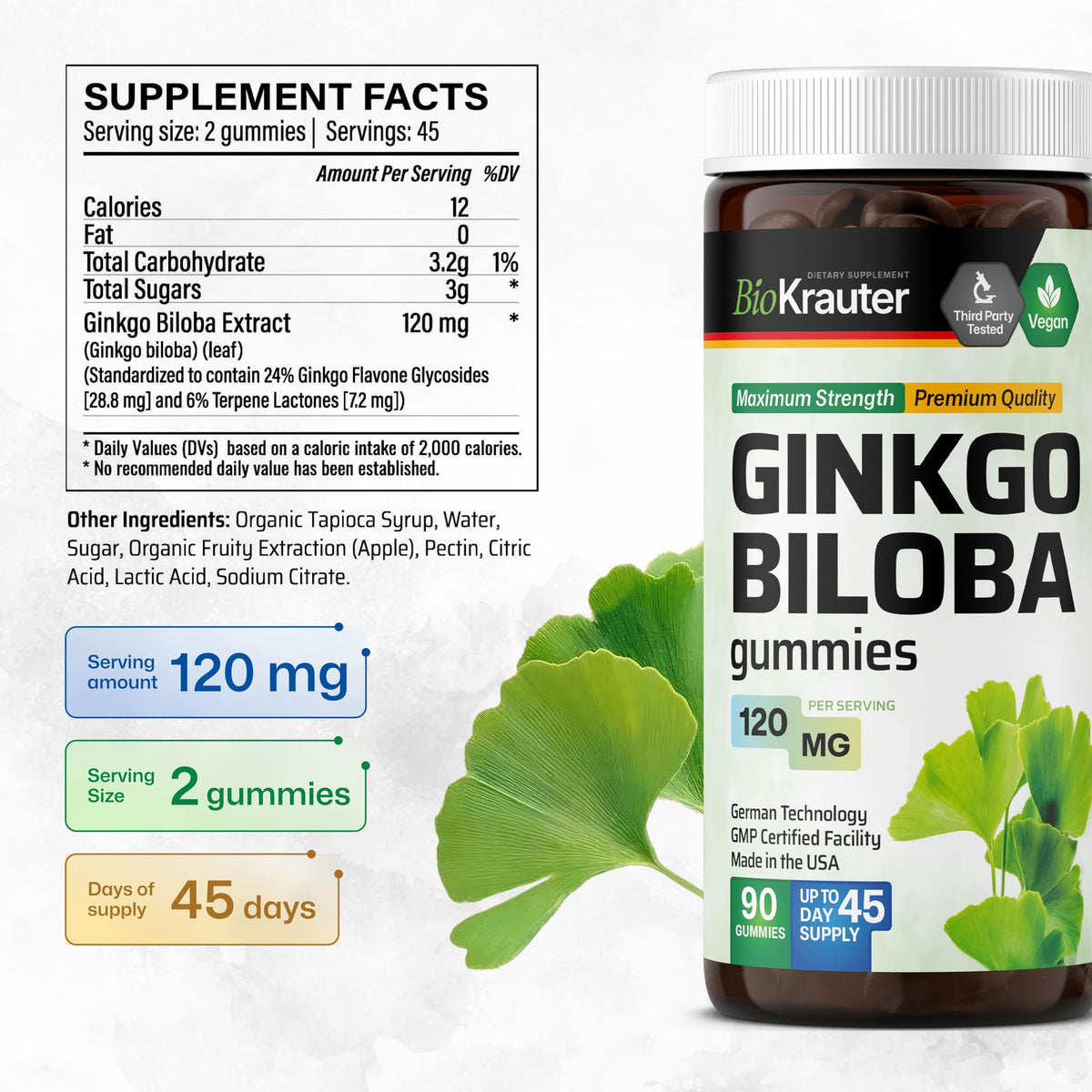 Gummies au Ginkgo Biloba BIO KRAUTER, goût pomme, présentation sur une table