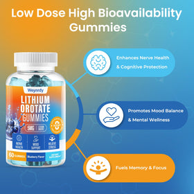 Gummies au Lithium Orotate 5mg sur une table avec des myrtilles