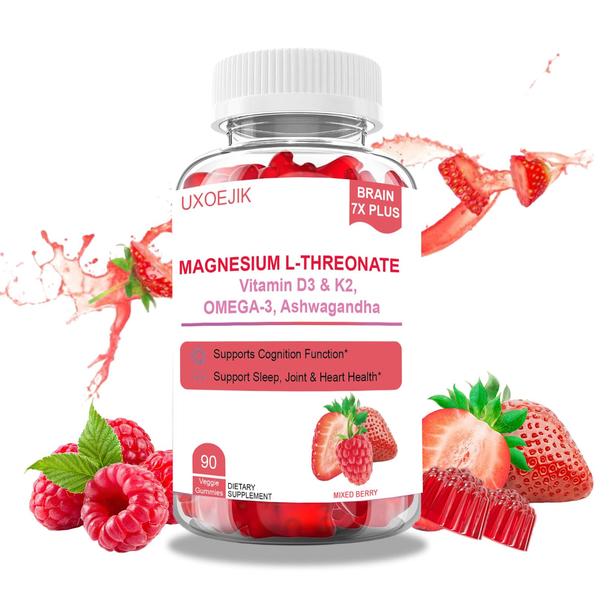 Gummies au magnésium L-Thréonate UXOEJIK, vue de face, emballage de 90 comprimés.