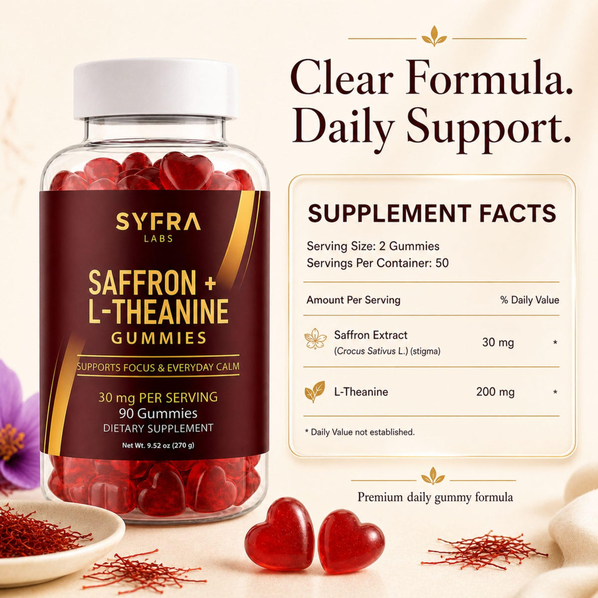 Gummies au Safran et L-Théanine Syfra Labs montrant les détails du produit