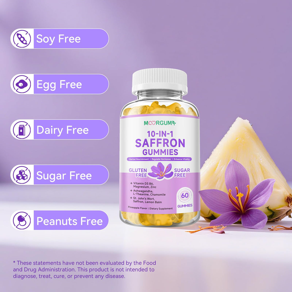 Gummies au safran MOORGUMY sur une table, entourés de fruits frais